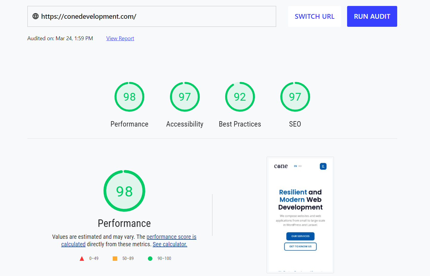 A conedevelopment.com oldal Lighthouse pontszámai. Teljesítmény: 98, akadálymentesség: 97, jó gyakorlatok: 92, SEO: 97.